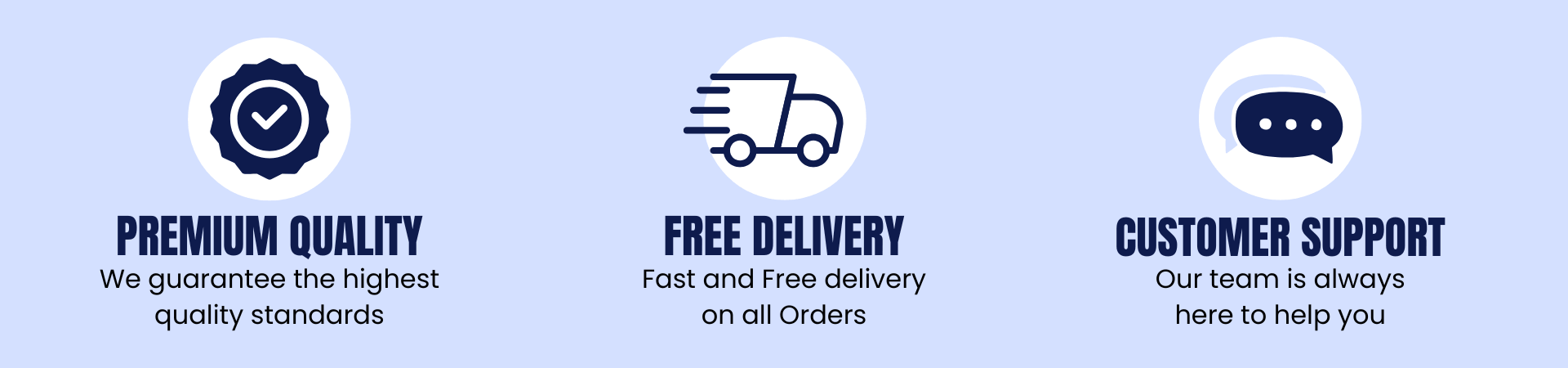 Store benefits banner featuring premium quality guarantee, free delivery on all orders and dedicated customer support with minimalist service icons.